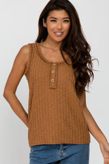 Camel Sleeveless Knit Button Accent Top