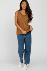 Camel Sleeveless Knit Button Accent Top