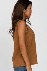 Camel Sleeveless Knit Button Accent Top