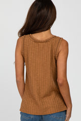 Camel Sleeveless Knit Button Accent Top