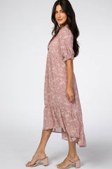 Mauve Floral Chiffon Ruffle Trim Hi-Low Midi Dress