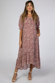 Mauve Floral Chiffon Ruffle Trim Hi-Low Maternity Midi Dress