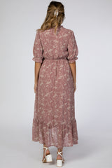 Mauve Floral Chiffon Ruffle Trim Hi-Low Maternity Midi Dress