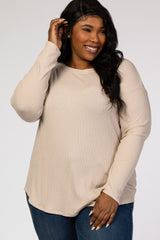 Taupe Grey Long Sleeve Ribbed Plus Top