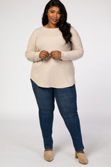 Taupe Grey Long Sleeve Ribbed Plus Top