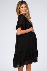 Black Chiffon Swiss Dot Ruffle Hem Maternity Midi Dress