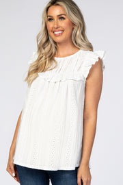 White Eyelet Lace Ruffle Trim Maternity Blouse