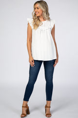 White Eyelet Lace Ruffle Trim Maternity Blouse