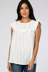 White Eyelet Lace Ruffle Trim Blouse