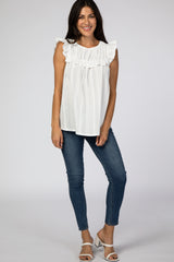 White Eyelet Lace Ruffle Trim Blouse