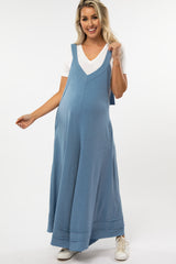 Blue Terry Wide Leg Maternity Jumpsuit