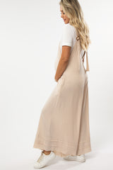 Beige Terry Wide Leg Maternity Jumpsuit