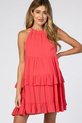 Coral Halter Neck Tie Tiered Maternity Dress