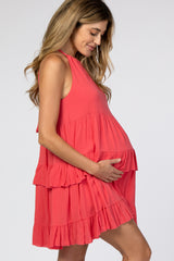 Coral Halter Neck Tie Tiered Maternity Dress