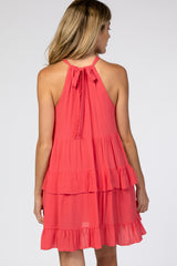 Coral Halter Neck Tie Tiered Maternity Dress