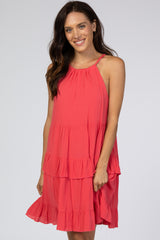 Coral Halter Neck Tie Tiered Dress