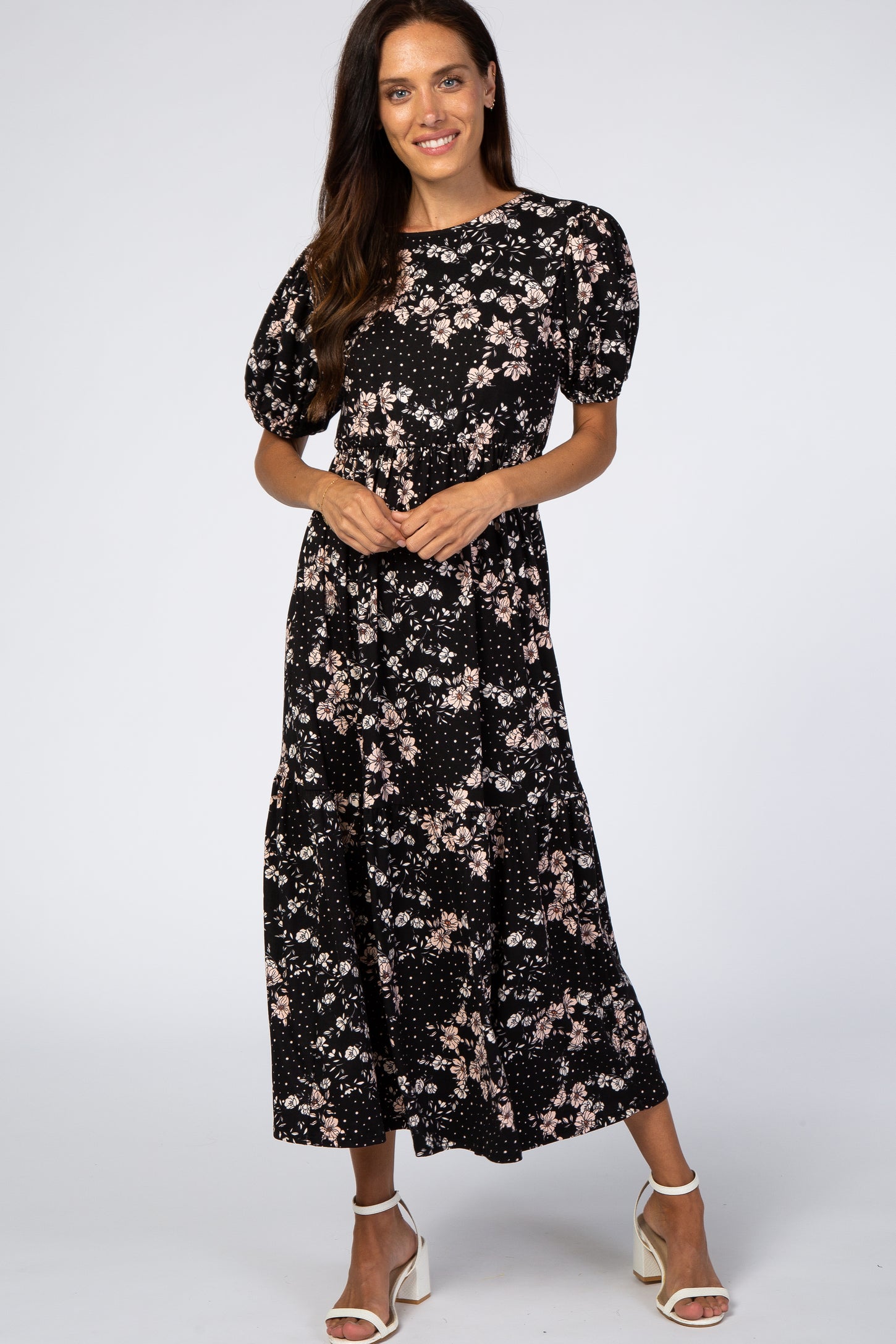 Black Floral Empire Waist Ruffle Hem Maternity Midi Dress – PinkBlush