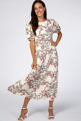 Ivory Floral Empire Waist Ruffle Hem Midi Dress