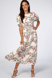 Ivory Floral Empire Waist Ruffle Hem Midi Dress