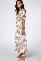 Ivory Floral Empire Waist Ruffle Hem Midi Dress