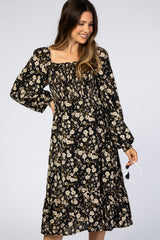 Black Floral Smocked Maternity Midi Dress