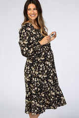 Black Floral Smocked Maternity Midi Dress