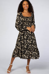 Black Floral Smocked Midi Dress