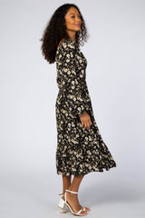 Black Floral Smocked Midi Dress