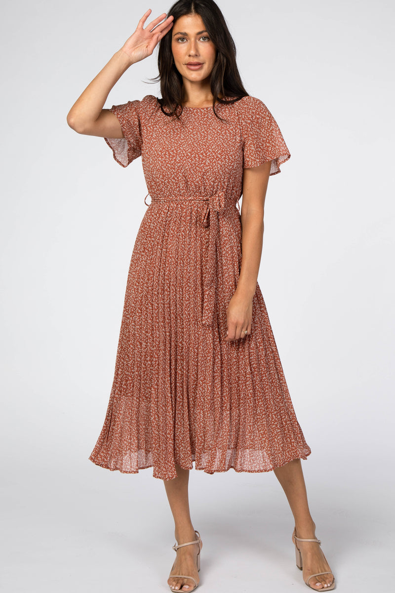 Rust Leaf Print Pleated Midi Dress – PinkBlush