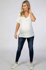 White Ribbed V-Neck Hi-Low Maternity Top