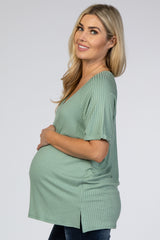 Mint Green Ribbed V-Neck Hi-Low Maternity Top