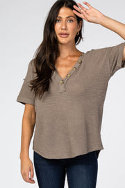 Mocha Waffle Knit Button Front V-Neck Top