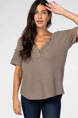 Mocha Waffle Knit Button Front V-Neck Maternity Top