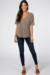 Mocha Waffle Knit Button Front V-Neck Top