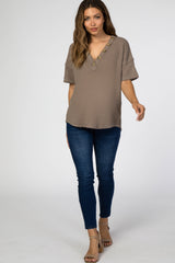 Mocha Waffle Knit Button Front V-Neck Maternity Top