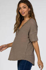 Mocha Waffle Knit Button Front V-Neck Maternity Top