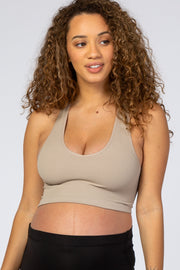 Taupe Ribbed V-Neck Maternity Racerback Sports Bra