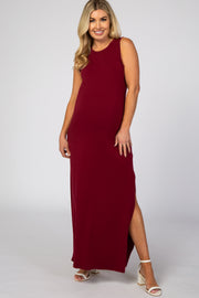 Burgundy Side Slit Maternity Maxi Dress