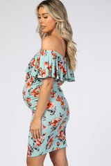 Mint Green Floral Ruffle Off Shoulder Fitted Maternity Dress