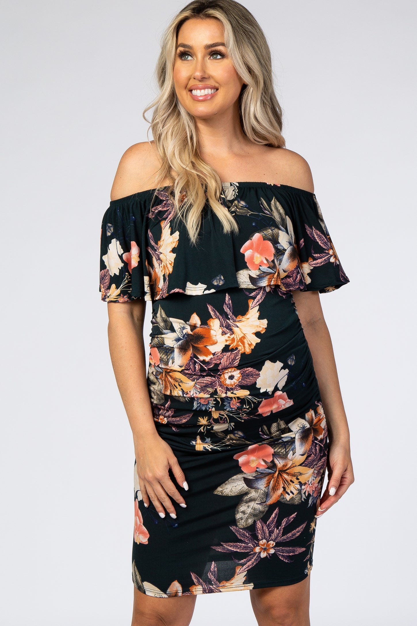 Dark Teal Floral Ruffle Off Shoulder Fitted Maternity Dress– PinkBlush