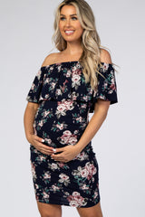 Navy Floral Ruffle Off Shoulder Fitted Maternity Dress