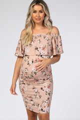 Light Pink Floral Ruffle Off Shoulder Fitted Maternity Dress