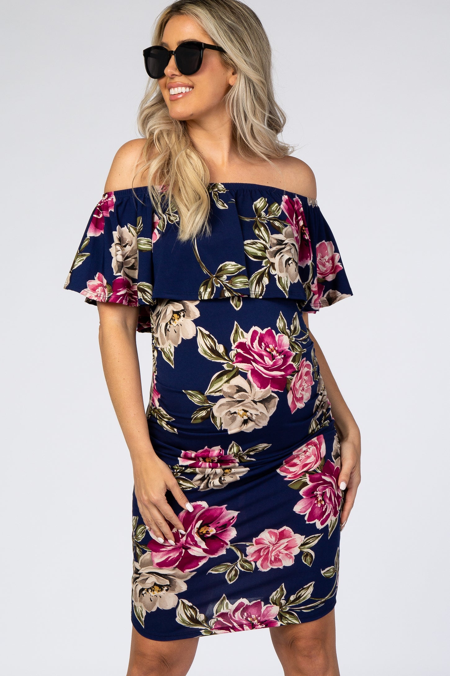 Navy Floral Ruffle Off Shoulder Fitted Maternity Dress– PinkBlush