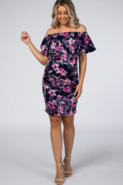 Navy Floral Ruffle Off Shoulder Fitted Maternity Dress