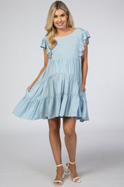 Light Blue Swiss Dot Tiered Babydoll Maternity Dress