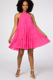 Fuchsia Halter Neck Tiered Dress