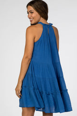 Blue Halter Neck Tiered Maternity Dress