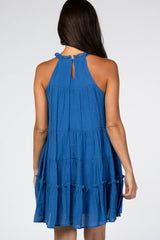 Blue Halter Neck Tiered Dress