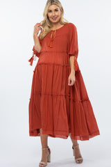 Rust Ruffle Tier Tassel Trim Maternity Midi Dress