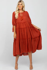 Rust Ruffle Tier Tassel Trim Midi Dress